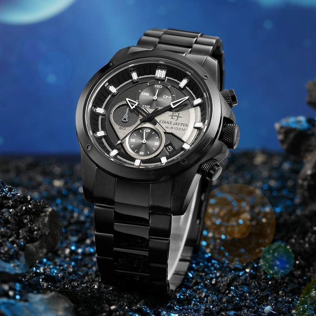 [ DISKON ] Evans Jayden Jam Tangan 9589 Rantai Kaca Sapphire Chronograph Water Resistant 10ATM