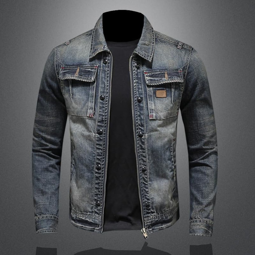 Vintage Denim Jacket With Zip Stand Up Cotton Slim Fit Denim Coat Jeans Jacket Classic Hip Hop Varsi