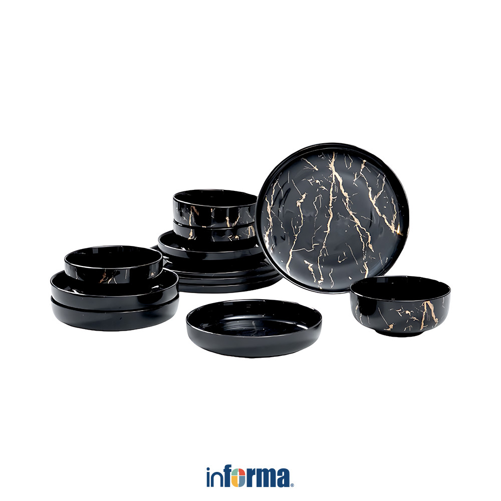 Informa Appetite Set 12 pcs Allen Perlengkapan Makan Marble - Hitam Dinner Set Plate Aesthetic Eatin