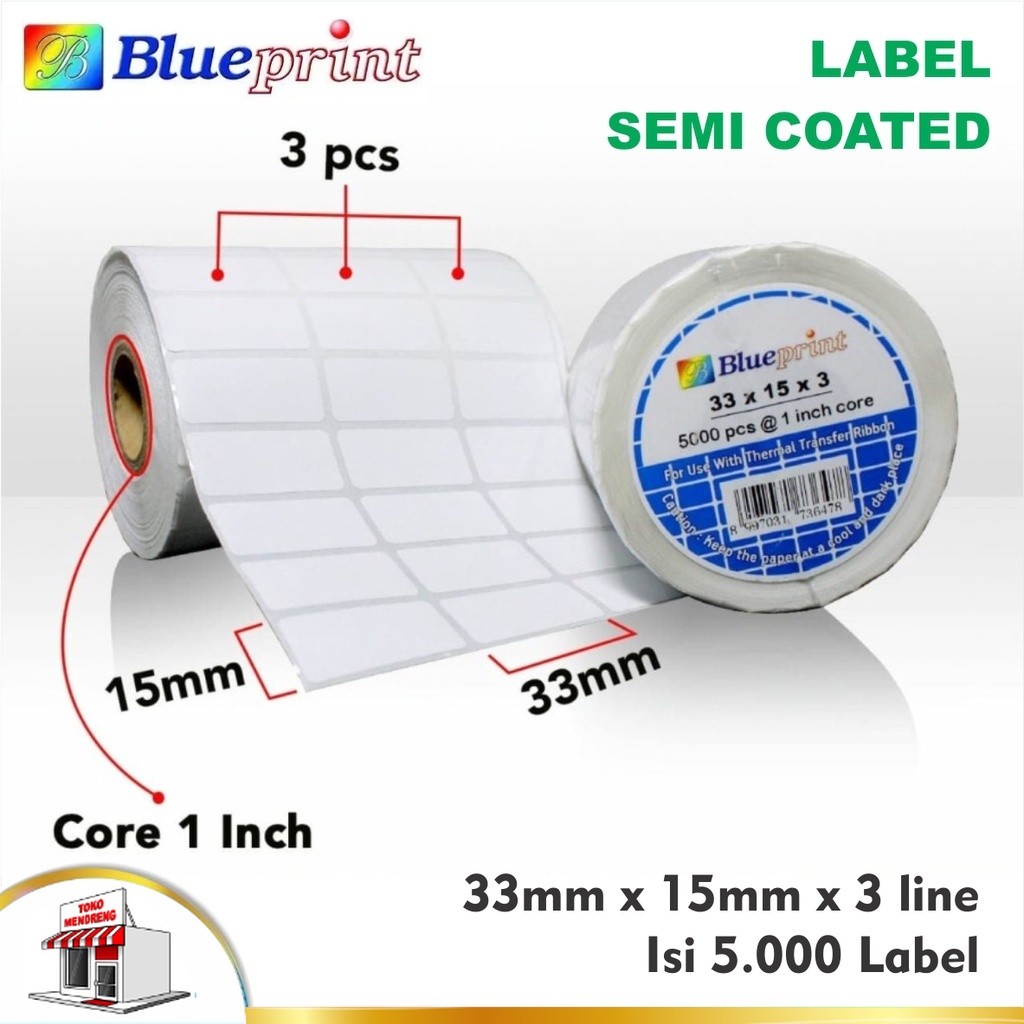 

Blueprint Sticker Label 33 x 15mm x 3 Line Semi Coated Label Stiker Barcode 33x15x3