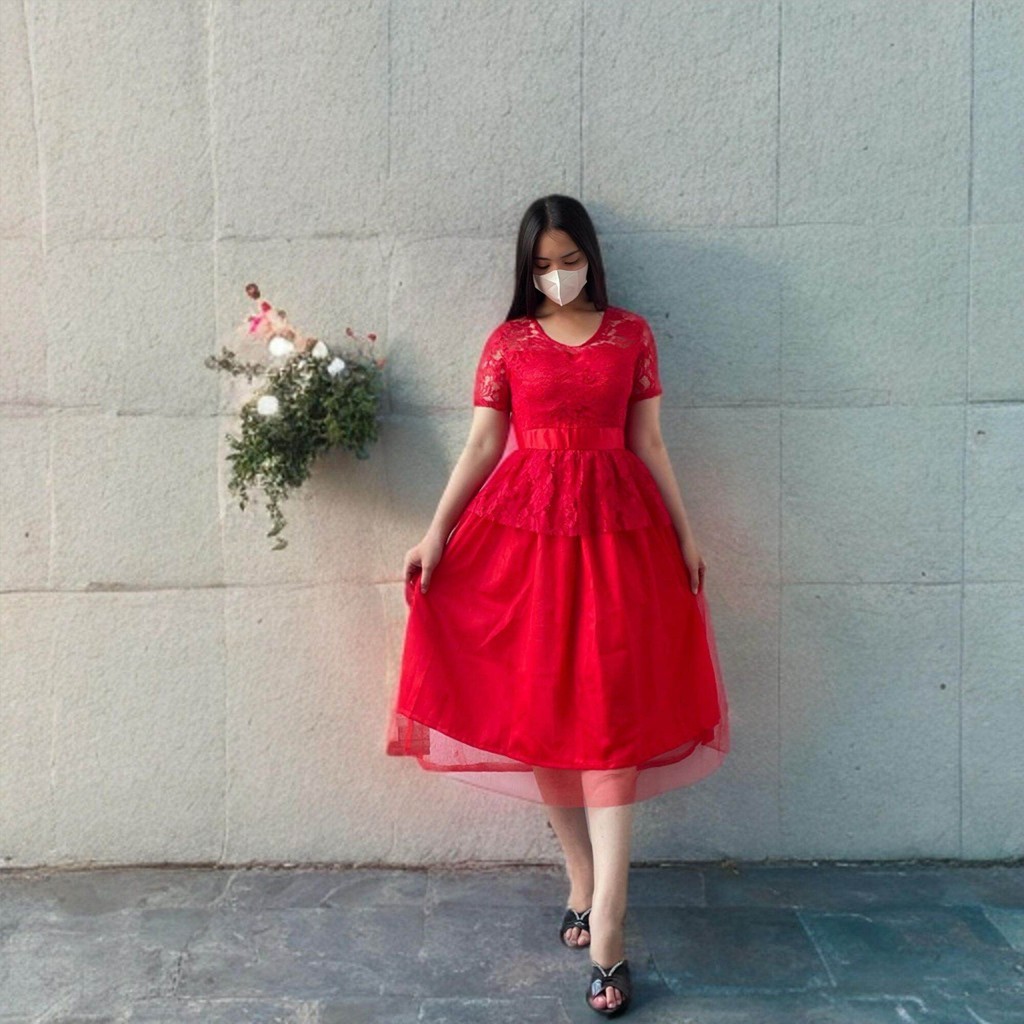 Gaun Pesta Elegant Fashion Beribadah Dress Satin Mix Brokat Tile Mewah Dress Remaja Natal Kondangan 