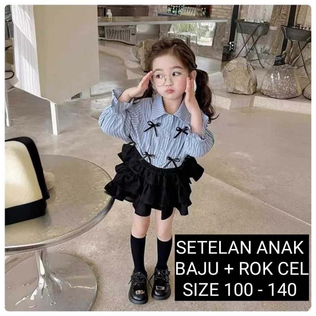 (IVY-JKT) BS 793 SETELAN ANAK CEWEK KEMEJA BIRU GARIS VARIASI PITA CELANA ROK SIZE 100-140