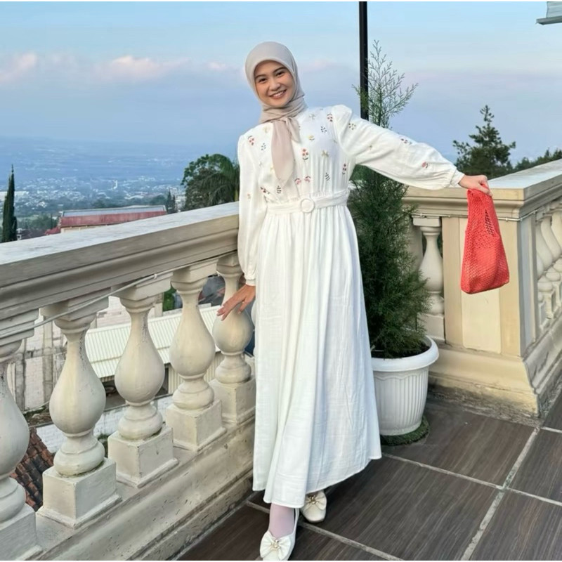 NTF - ZFS DRESS BONITA BELT VARIASI PREMIUM / AMEENA LINEN EMBROIDERED DRESS BORDIR / atasan Dress w