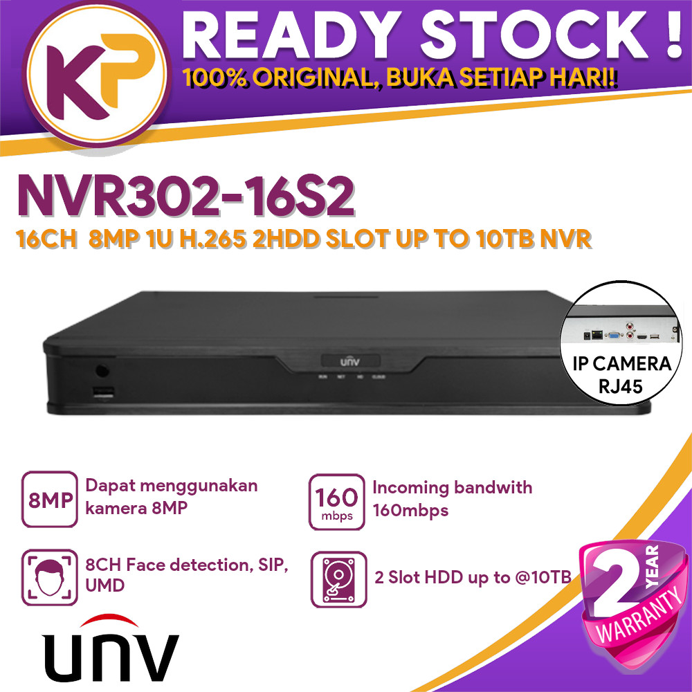 UNV NVR302-16S2 UNIVIEW 16CH 8MP 1U H.265 2HDD SLOT UP TO 10TB NVR