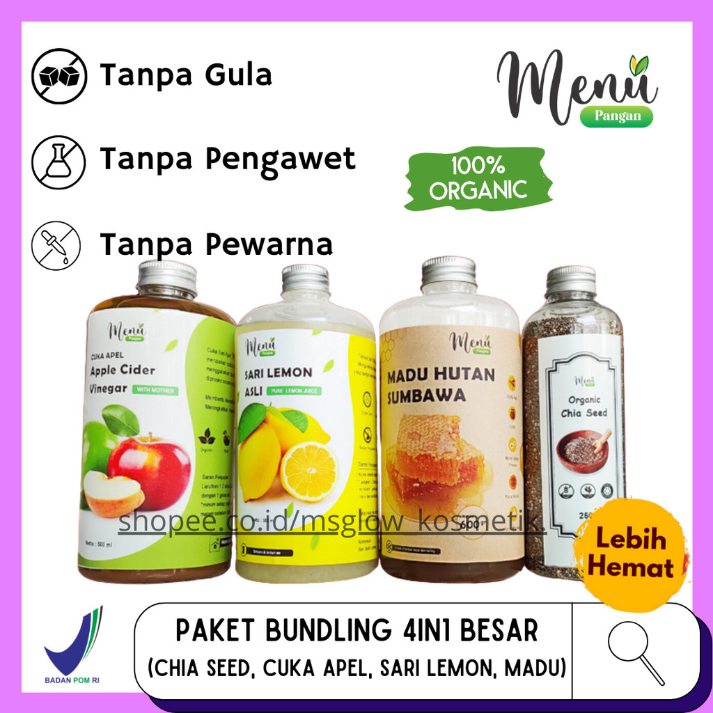 

Paket Detoks Bundling 4in1 BESAR - Set Cuka Apel | Chia Seed | Madu Hutan Sumbawa | Sari Lemon - Paket Minuman Sehat