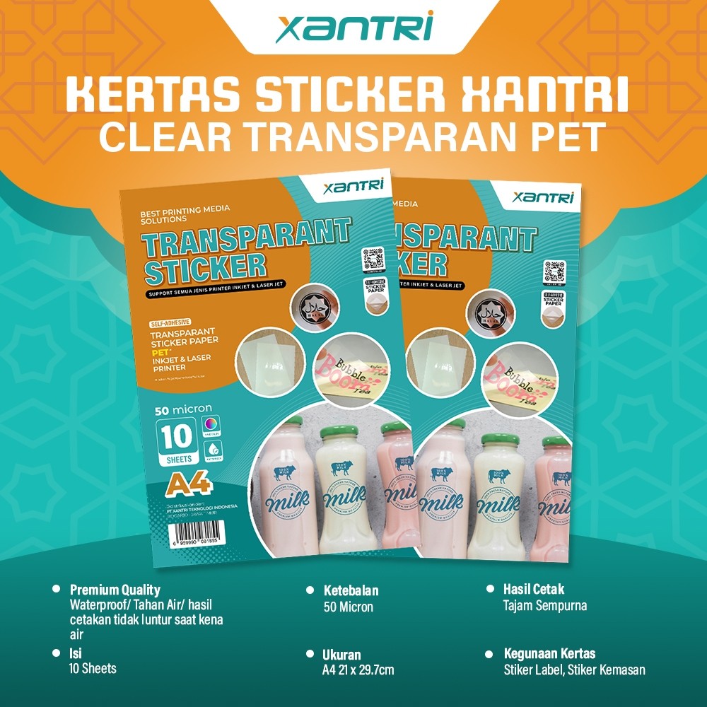 

Xantri - Kertas Stiker Xantri Clear Transparan Anti Air PET 50 Micron isi 10 Lembar Transparant Sticker Paper Waterproof Inkjet A4