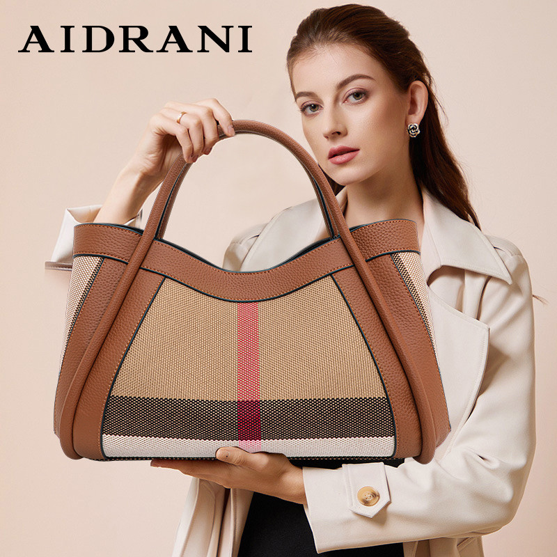 

Aidrani 2024 New retro checkered women's handbag, large capacity luxury bag, canvas genuine leather bag