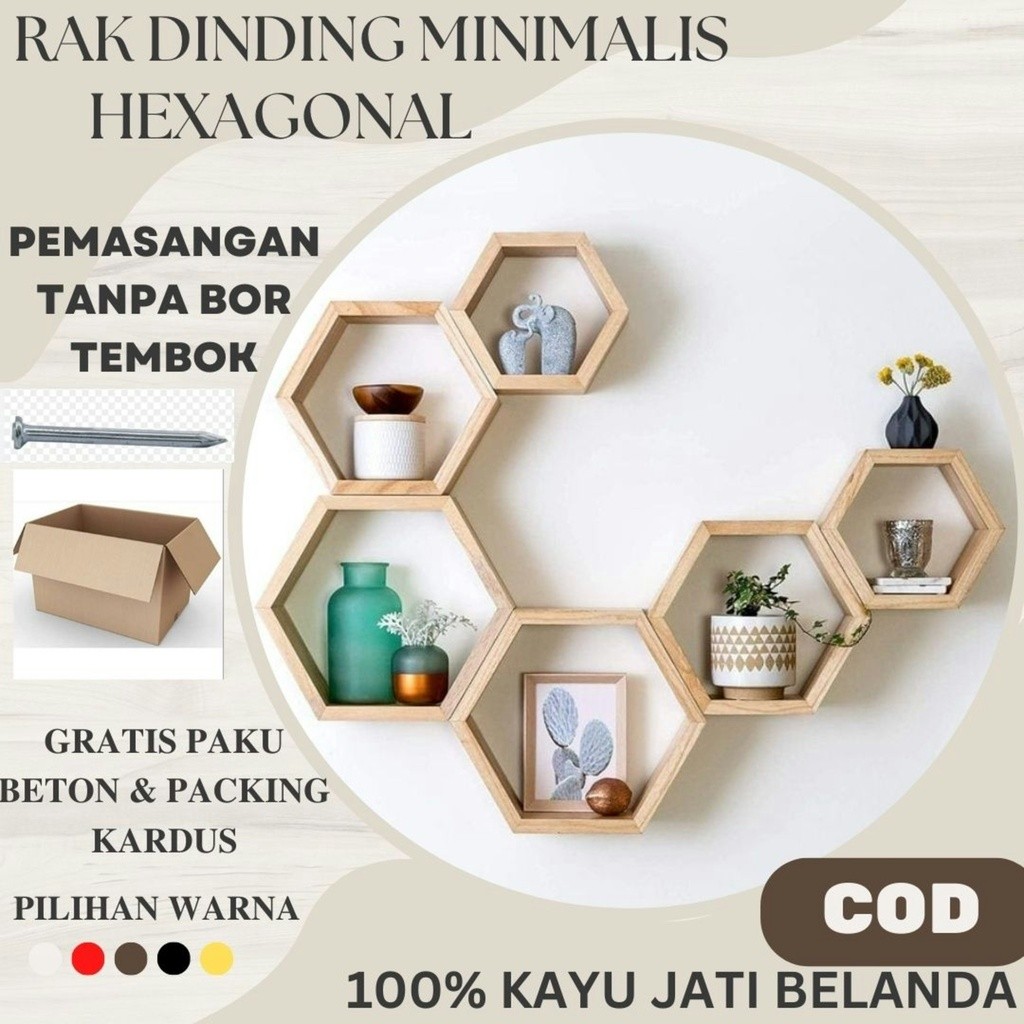 Rak Hexagonal 1 SET isi 3 PCS Hiasan Dinding Kayu Jati Belanda Pajangan Rak Gantung Minimalis Kayu D