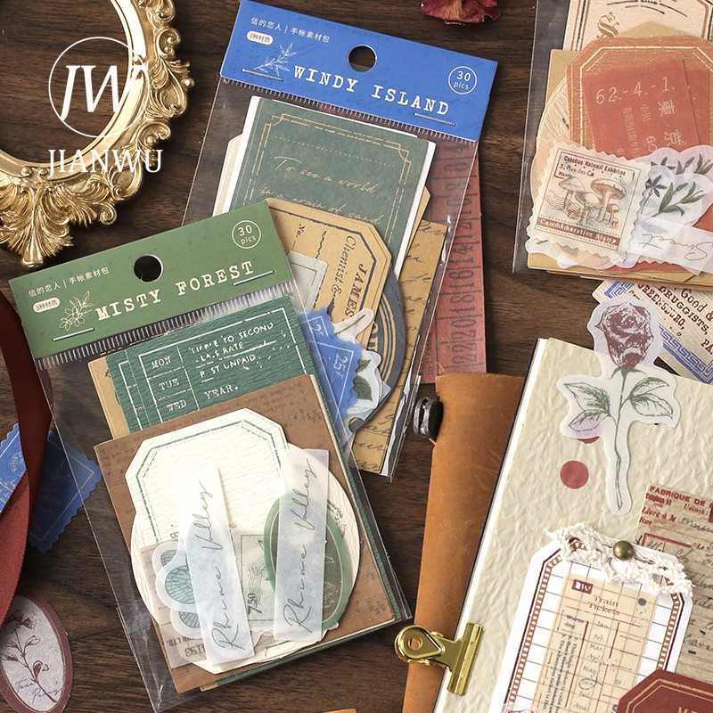 

JIANWU 30Pcs Multi-patterned Vintage Art Memo Pad Writable Message Material Paper DIY Journal Scrapbooking Decoration Stationery