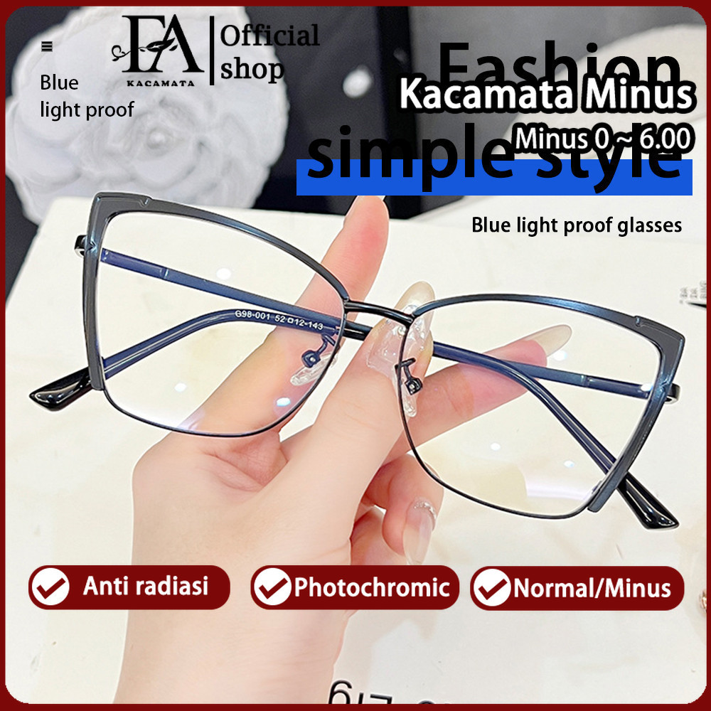 FOMAMATA Kacamata Photocromic Minus Silinder Wanita Cat Eye Bluecromic Anti Blueray Kaca Mata Optik