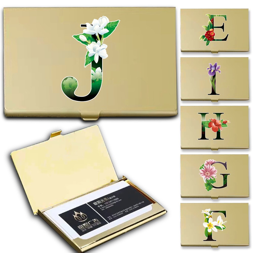 

Metal Visiting Card Case Pocket Office Business Card Container Desktop Card Exhibit Display Box Flower Color Letter Pattern