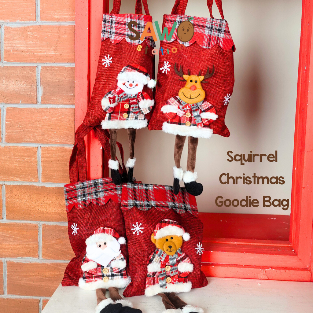 

Squirrel Christmas Goodie Bag - Tas Bags Gift Candies Goodie Tas Kado Natal Camilan Hadiah Dekorasi Kecil Pouch Santa Snowman Reindeer Rusa Sinter Klaus Treat Pattern Plaid Doll Boneka Bear Kantong Kain Xmas
