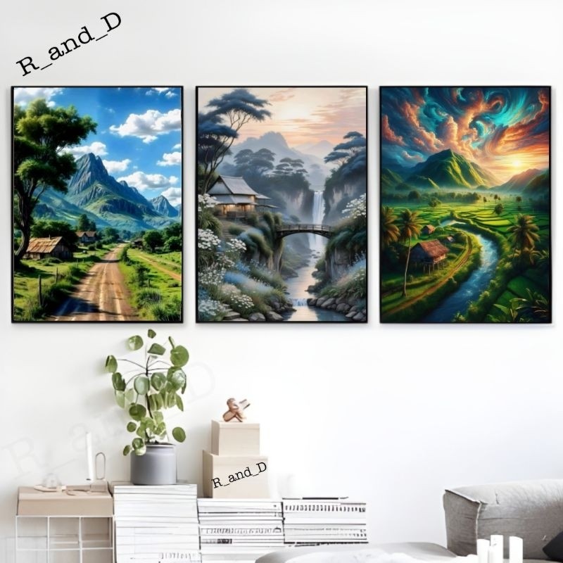Hiasan dinding gambar pemandangan ukuran besar 47X31, Lukisan pemandangan ukuran A3, Dekorasi rumah