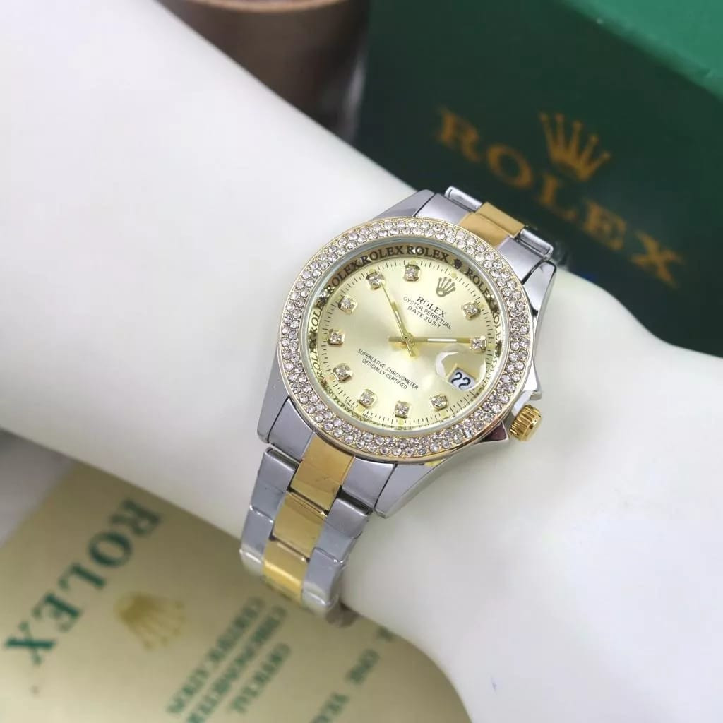 Jam Tangan Wanita Rolex Tali Rantai Body Bulat Permata Kecil Tanggal Aktif Free Box
