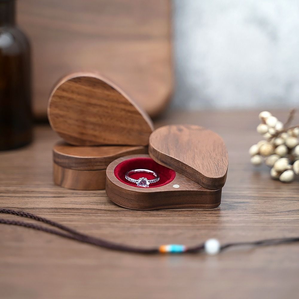 

Heart Shape Engagement Ring Box Walnut Wood Magnetic Cover Earring Storage Box Durable Reusable Wooden Jewelry Box Ear Stud