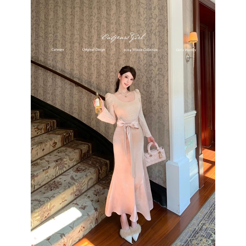 Gaun Elegan Kerah Bulat Persegi Gaun Ekor Ikan Pita Satin Berlipat/gaun pesta