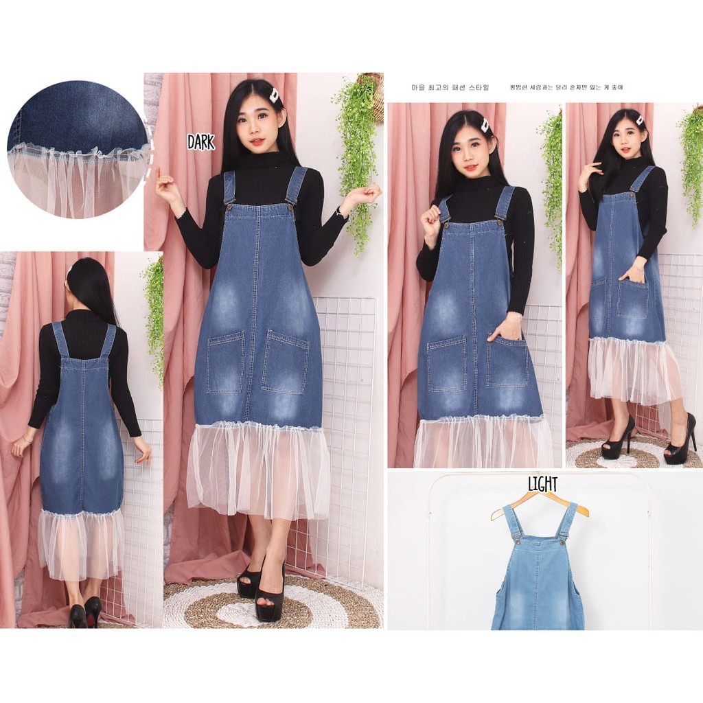 DRESS JEANS WANITA MIDI OVERALL KOMBINASI TILE BARU