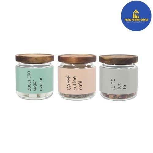 BEST QUALITY Set Toples Kaca 3pcs Wadah Teh/Kopi/Gula Tempat Bumbu Dapur (450ml)