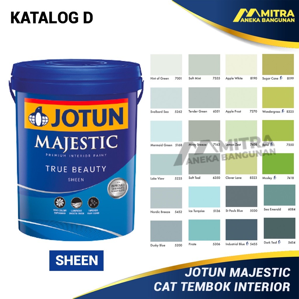 BISA KARGO CAT JOTUN INTERIOR MAJESTIC TRUE BEAUTY SHEEN 2,5 LITER / KATALOG D / WARNA BIRU HIJAU SA