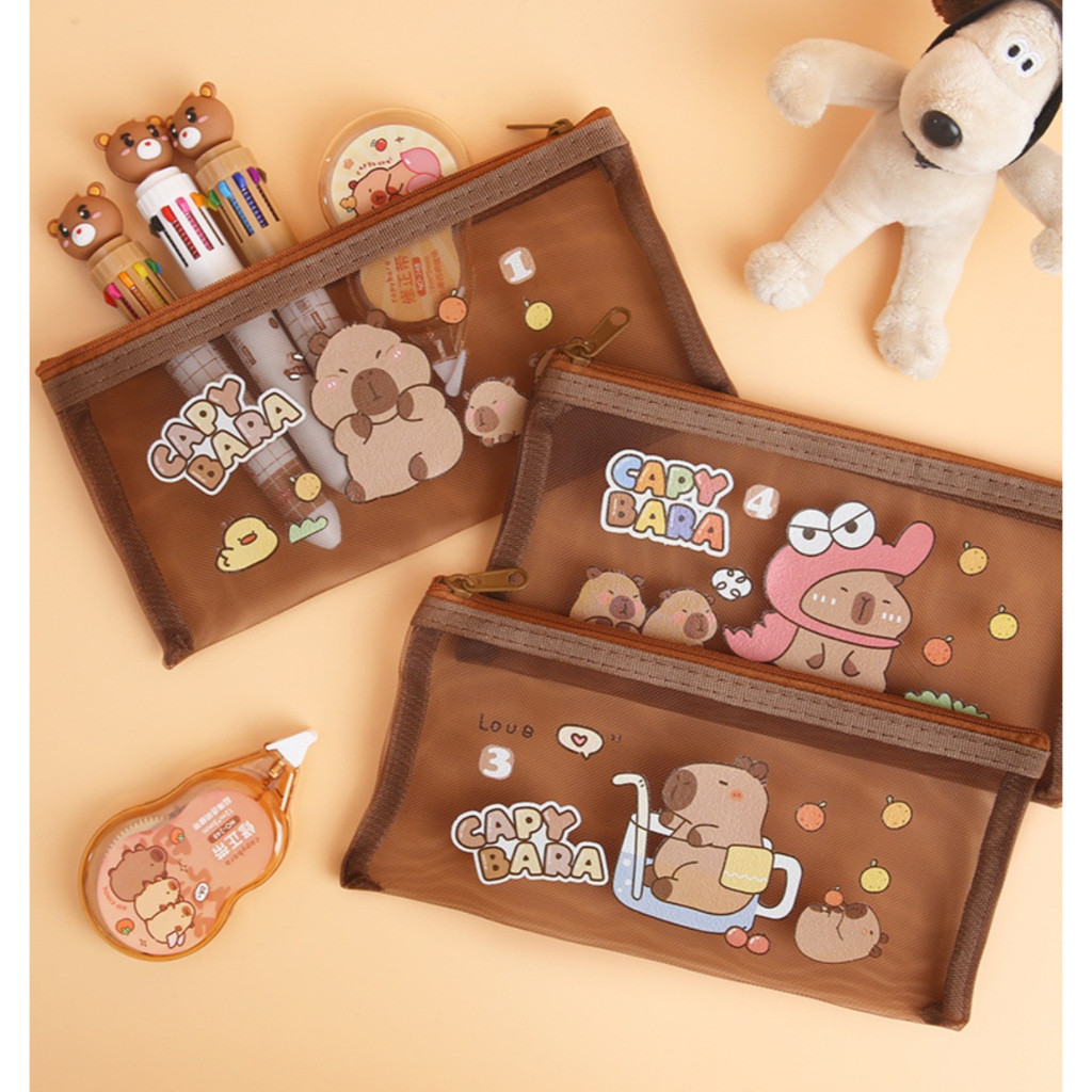 

CIVETO TP89 Pouch Tempat Pensil Jaring Transparan Brown Capybara A6 21 x 11 cm Zipper Pencil Cosmetic Bag