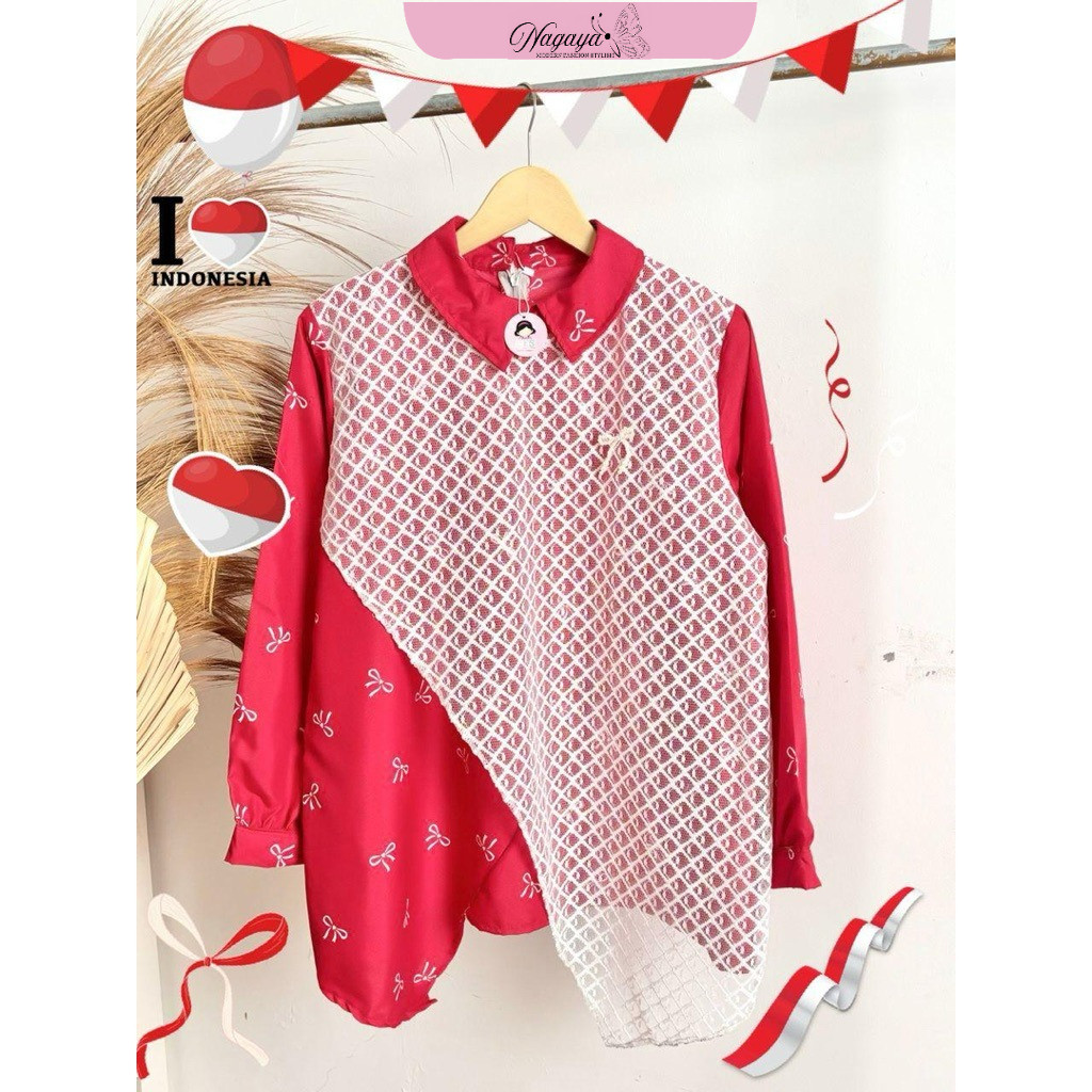 NAGAYA Merdeka Atasan Merah Putih Bunga-Bunga Katun