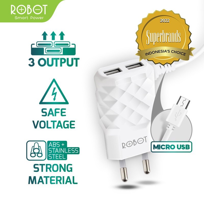 Charger Robot K5 Fast Charging 2.1Ampere Kabel Micro Original Cas Robot 2Ampere 2USB Casan Robot RT-