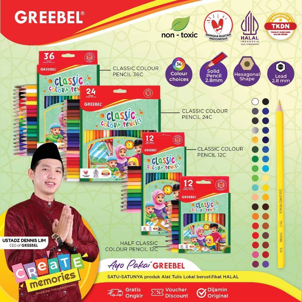 

GREEBEL Pensil Warna Classic Color Isi 12S 12P 24 36 Halal Edition Aman untuk Anak Mewarnai