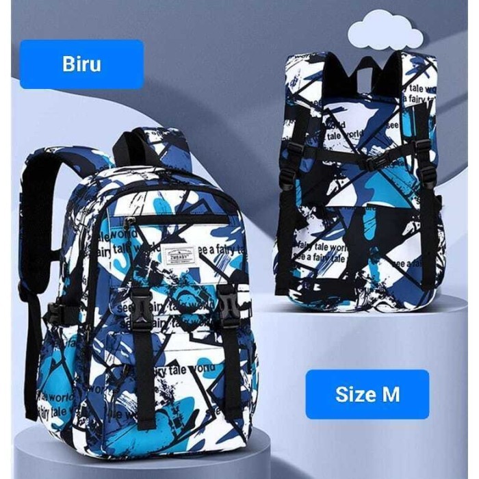 TA038 Tas Sekolah Anak Laki Laki SD SMP Impor /  Tas Anti Air - Loreng Biru M