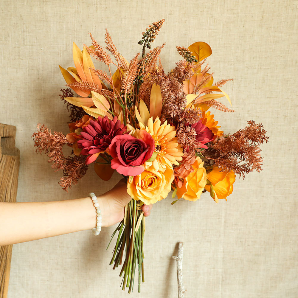 

Autumn Bouquet Silk Rose Maple Leaves Dandelion Fake Flowers Artificial Flower for Home Wedding Halloween Decoration Fall Decor