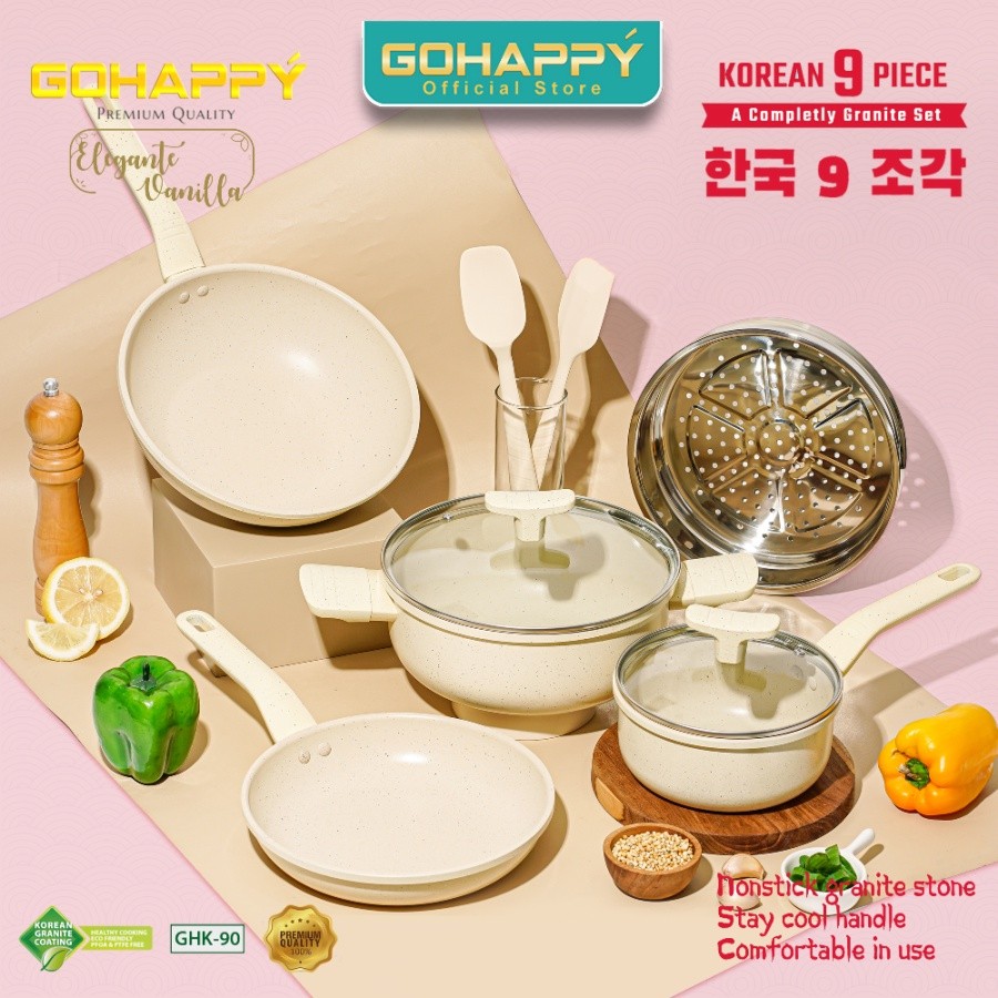 Baru PANCI SET MARBLE gohappy korean set 9 swiss Terdiri dari 9pc Wok steamer fry pan milkpan anti