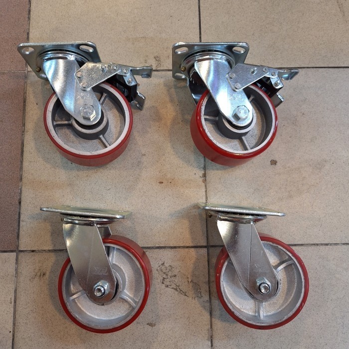 Roda Troli Pu Merah Heavy Duty 5 Inch 1Set ( 2Rem 2Hidup )