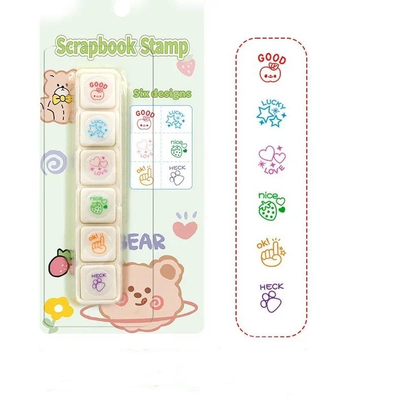 

6 Designs Press Inkpad Stamps Kawaii Self Ink Reward Stamps Kids Encourage Seal DIY Art Crafts Korean Stationery Office Supplies