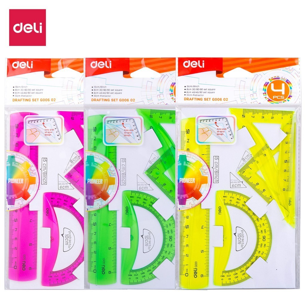 

Paket Penggaris Set Warna Deli EG00602 – Ruler, Segitiga, Busur Fungsi Menggambar & Mengukur 15cm