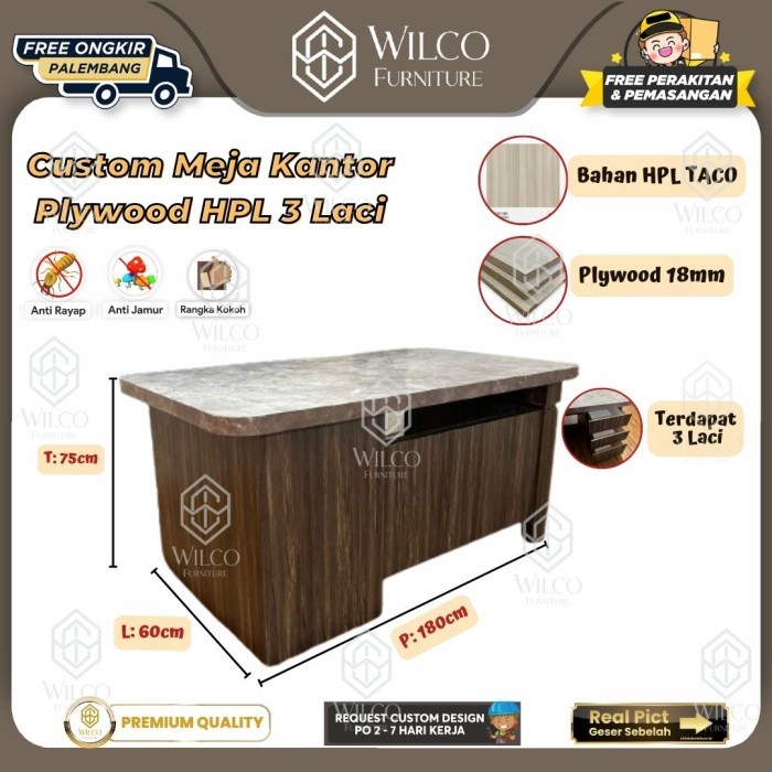 Custom Meja Kantor Plywood HPL TACO | Meja Kantor HPL 3 Laci | Meja Office HPL Custom Palembang
