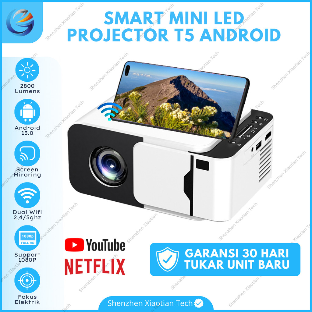 Proyektor Mini Portable T5 Android 13.0 Wifi 2800 Lumens | Proyektor Mini Android | Proyektor 1080P 