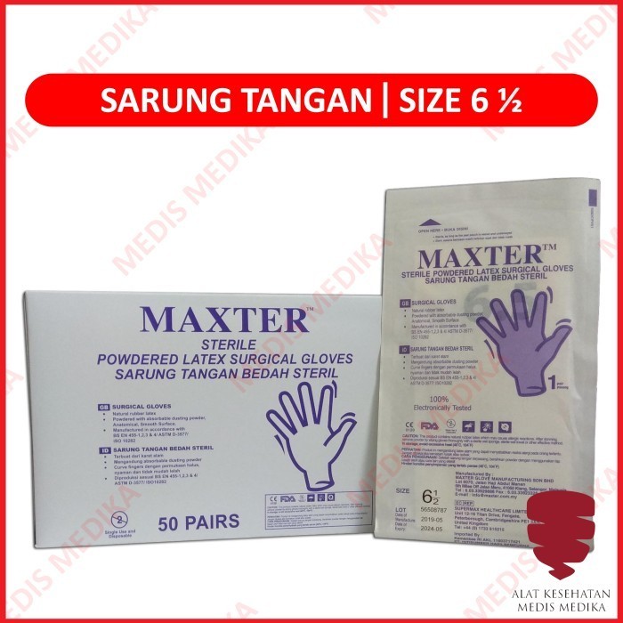 Sarung Tangan Steril Ukuran 6,5 S Handscoon Latex Bedah Maxter Ecer Medis