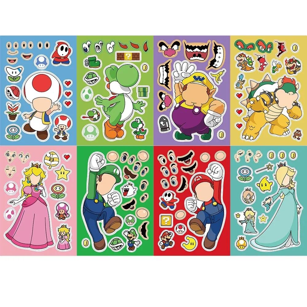 

8/16 Sheets Anime Cartoon Super Mario Bros Puzzle Stickers Game Kawaii Make A Face Stickers Cute DIY Funny Sticker Toy Kids Gift