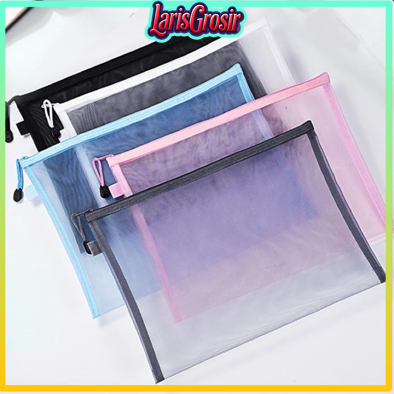 

COD MKS Kotak Pensil Jaring Resleting / Tempat Penyimpanan Serbaguna / Pouch Alat Sekolah Transparan / Zipper Bag Map Jaring Laris Grosir