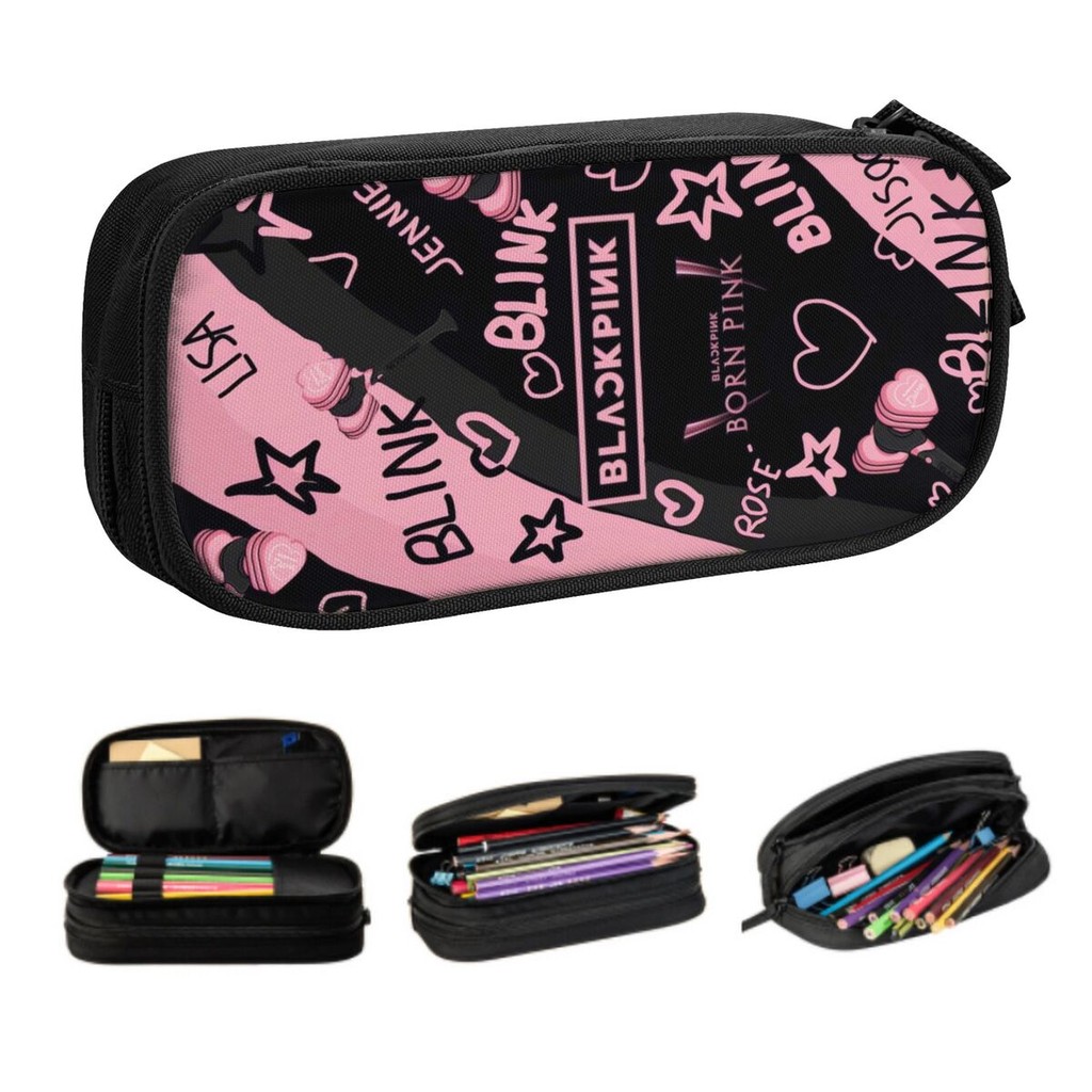 

Custom Kpop Bp Black Korean Pencil Cases Boys Gilrs Big Capacity Pinked Pencil Bag Pouch Students Stationery