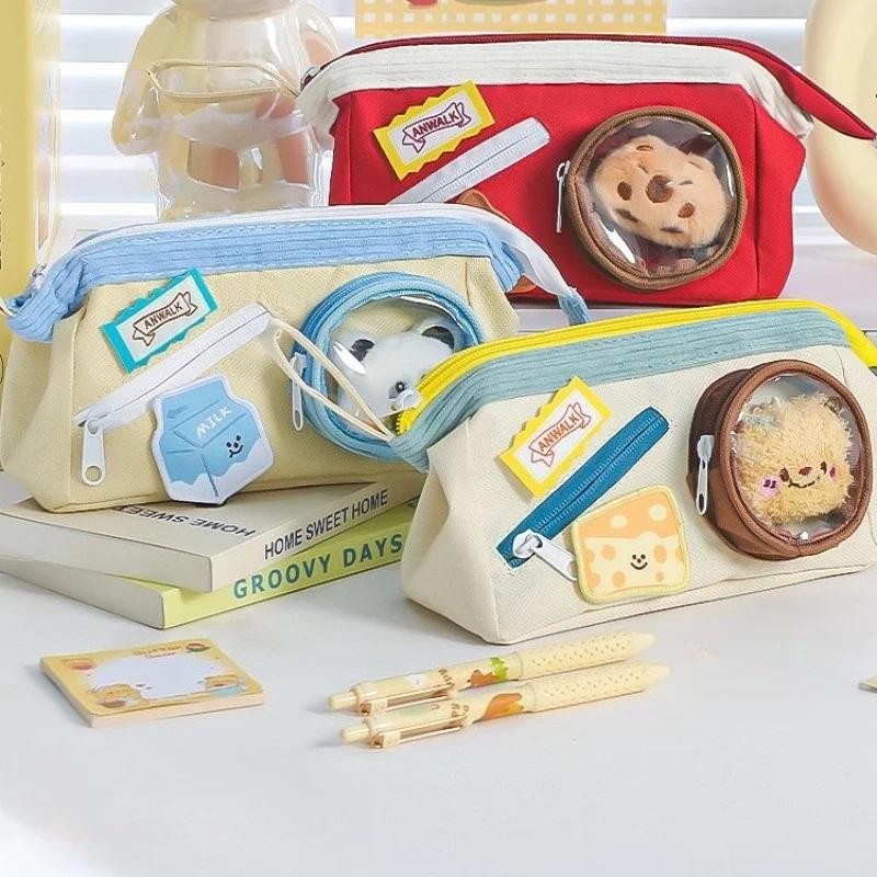 

New Student Pencil Bag with Clear Pocket for Badge Display Japan Style Girls Cute Pencil Case for Women Kawaii Ita Bag