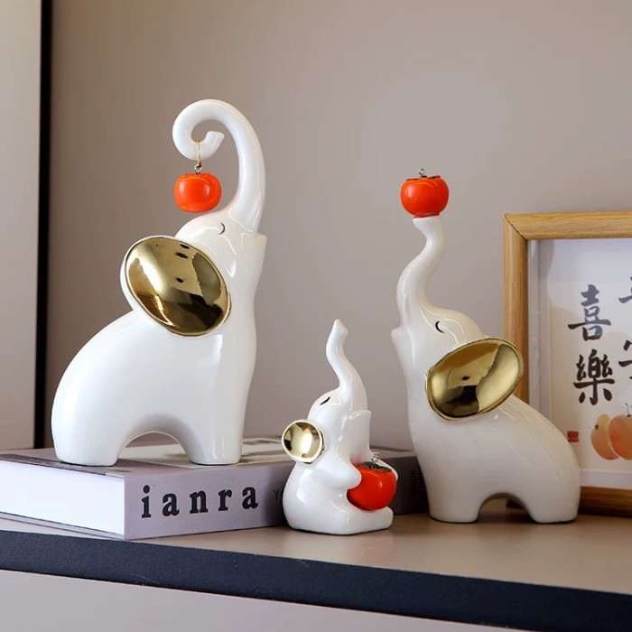 Dekorasi Pajangan Keramik Gajah Putih 3in1 / Elephant Ceramic Statue
