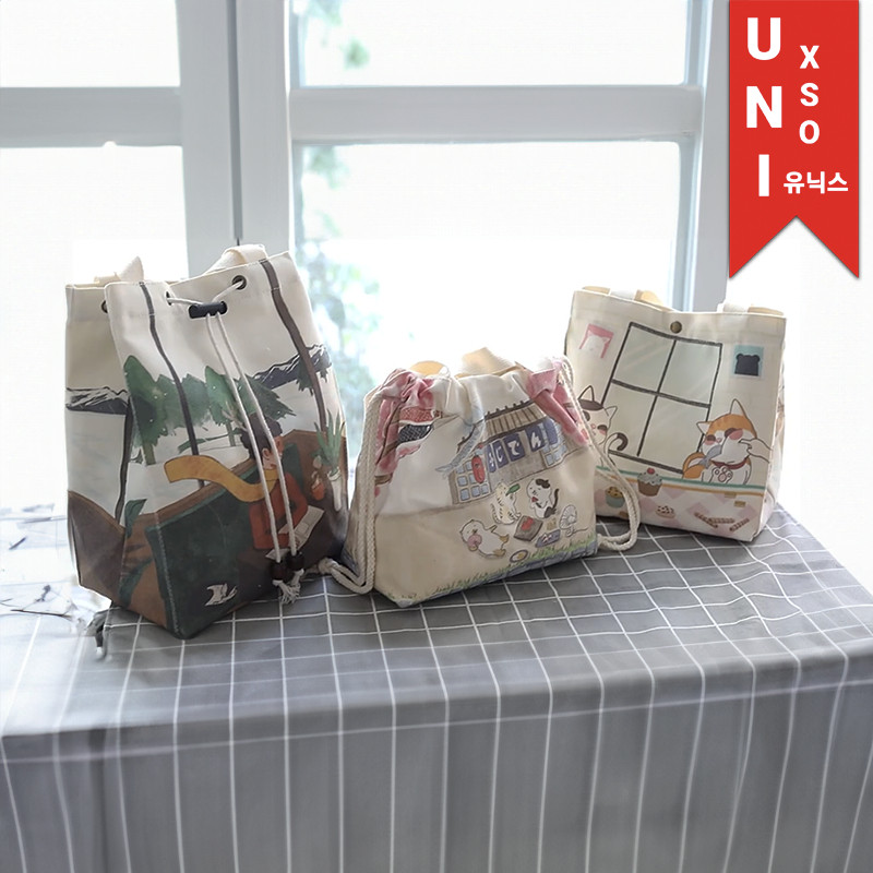 

New Unixso Kokoro Canvas Lunch Bag Tas Bekal Makan Anak Kantor Tali Serut Kancing Jepret Canvas Lucu JapanPremium