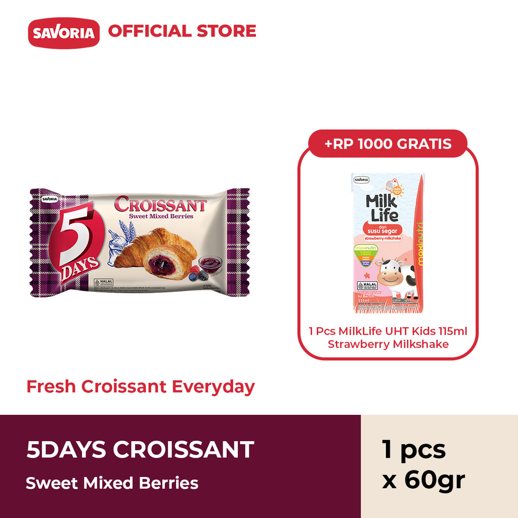 

5 Days Croissant Mix Berries 60g + MilkLife UHT Kids Strawberry Milkshake 115ml