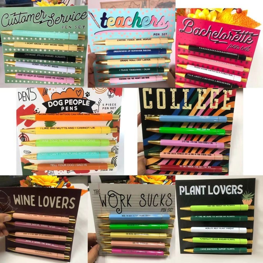 

5Pcs Push Type Funny Pens Set Plant Lovers Ballpoint Pens Black Ink Signature Pens Office Gifts Wine Lovers Creative