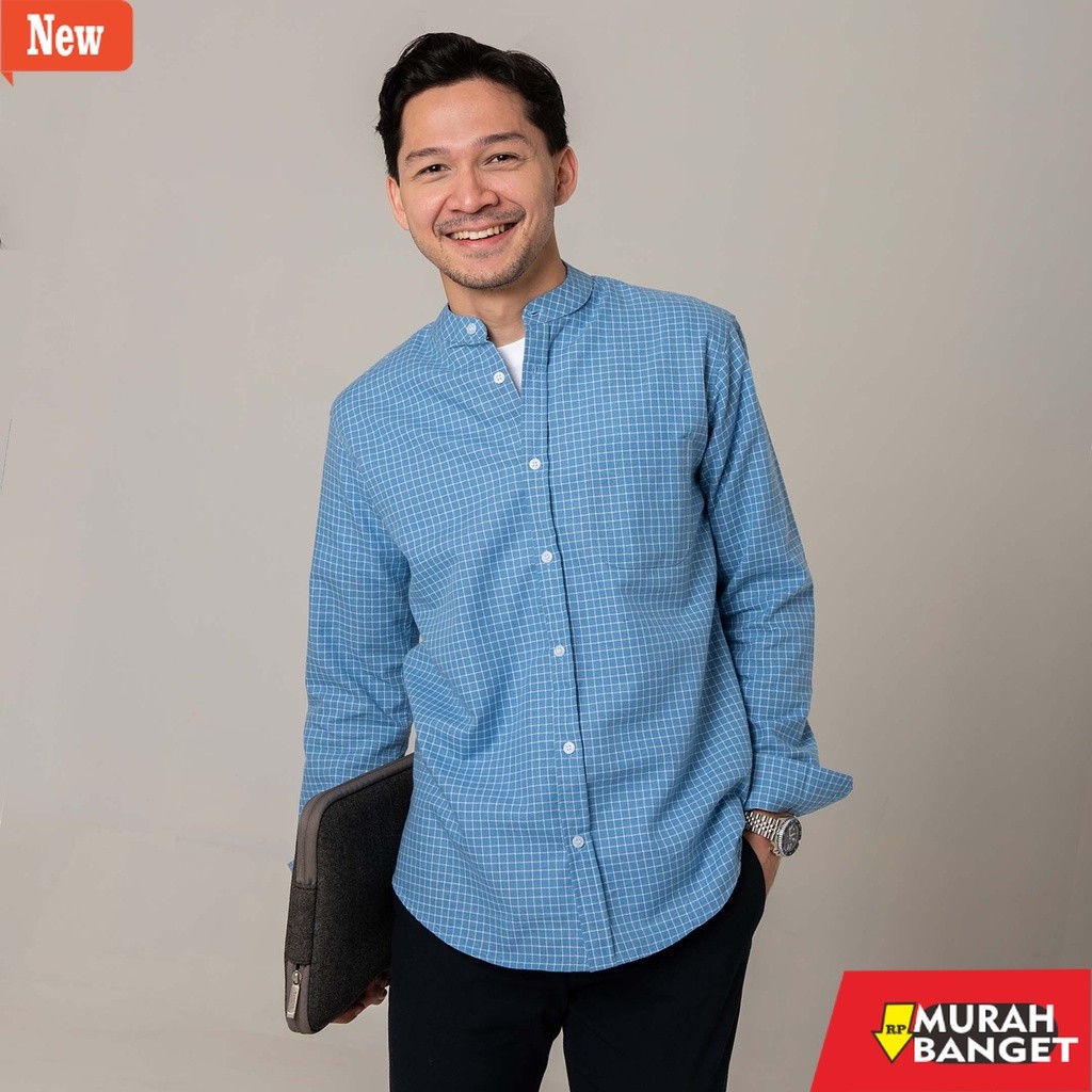 kemeja kotak kotak cowok Kemeja Kotak Garis Pria WOODCUTTER Plaid Collarless Shirt - Light Blue Leng