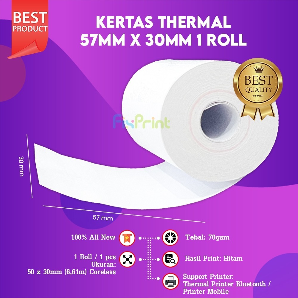 

FixPrint FixPrint Kertas Thermal Kertas Kasir 57 x 30 / 57x30 / 58 x 30 / 58x30 mm Polos per 1 Hitam