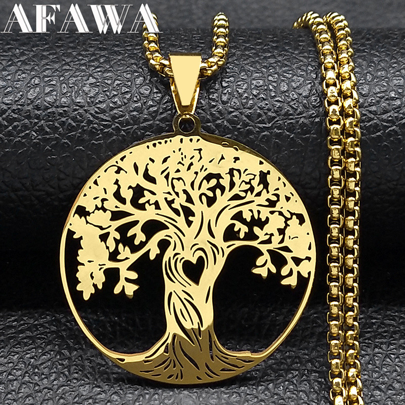 Aesthetic Tree of Life Love Heart Necklace for Women Men Stainless Steel Gold Color Lucky Amulet  ai