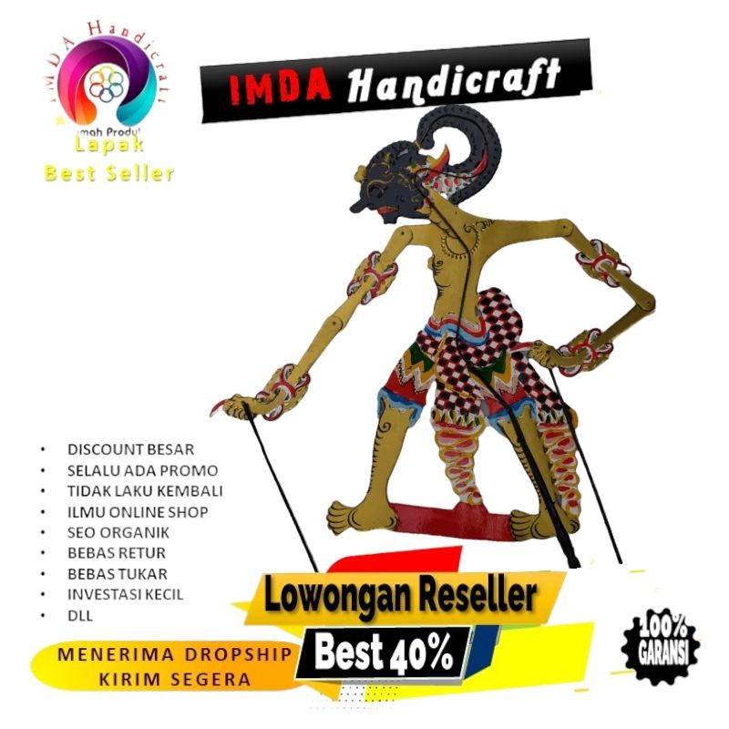 IMDAHANDICRAFT Wayang Kulit Sapi Asli Tokoh Bima Werkudara Bratasena Jagal Abilawa 30 cm