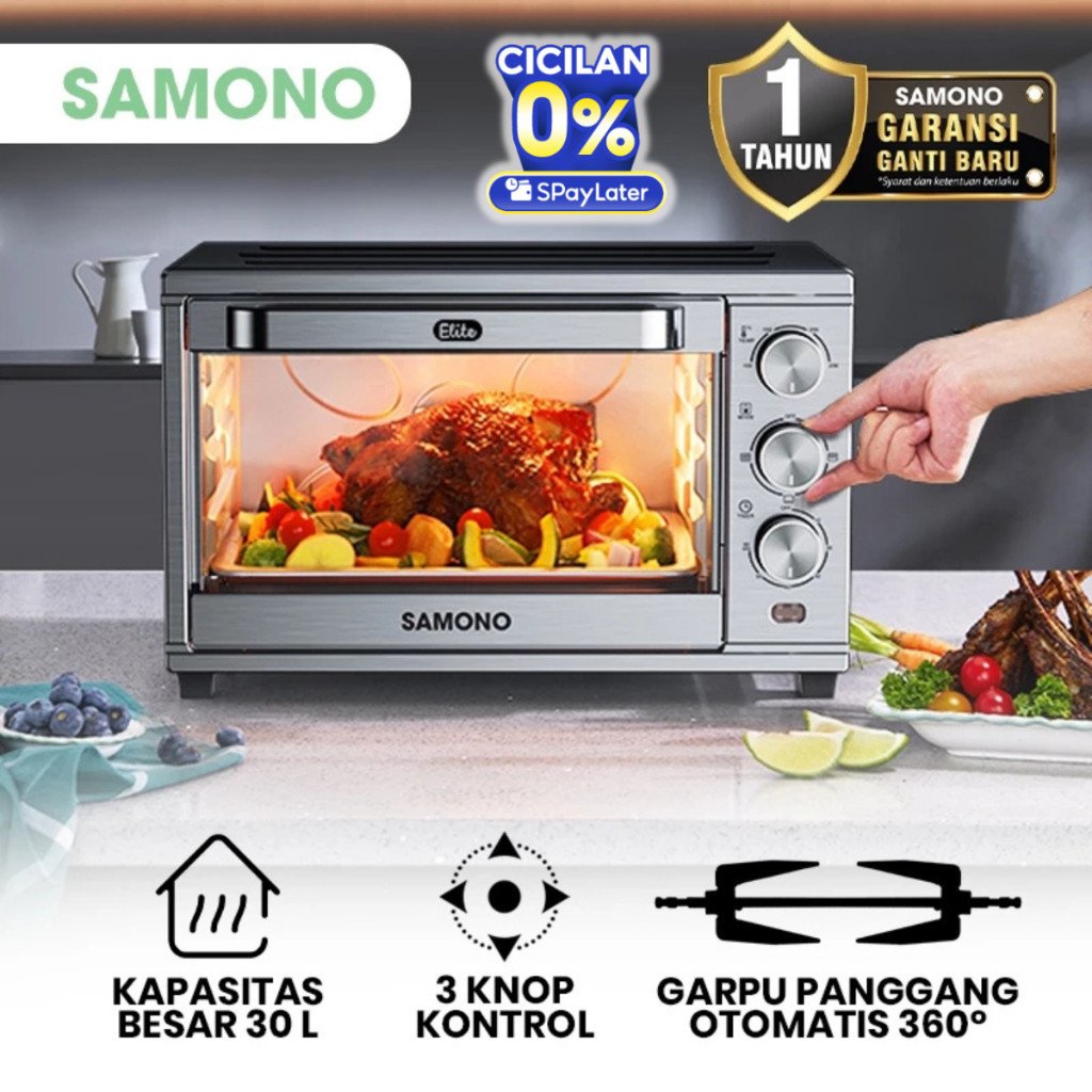 SAMONO Oven Listrik 30L Low Watt Pemanasan Atas Bawah Merata Oven Elektrik 3 Knob Suhu Timer 60 Meni