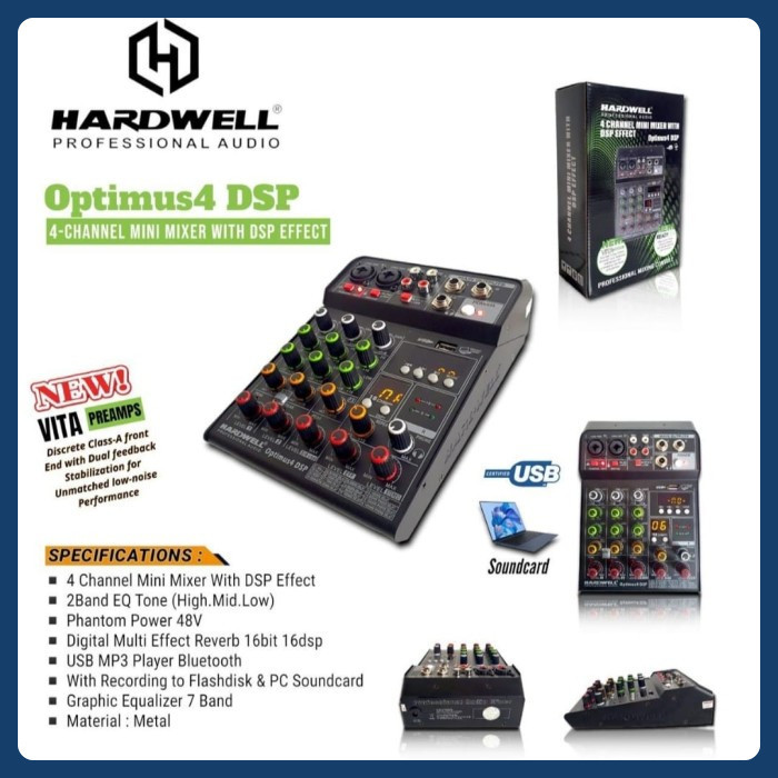 Mixer Audio Hardwell Optimus 4 DSP - OPTIMUS4 DSP Audio Mixer 4 CH Karaoke USB Recording Original